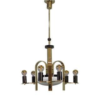 Vintage Art Deco Brass Chandelier with Milk Glass Center, 1930s For Sale