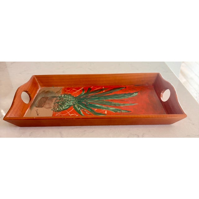 Wood 1980s Folk Art Hand Painted Wooden Tray With Inset Handles, Signed by Artist For Sale - Image 7 of 15