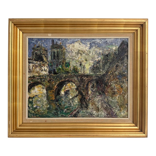 Mid-Century Parisian Cityscape of Pont Neuf & Notre Dame by Einer Johansen (Danish 1893-1965) For Sale