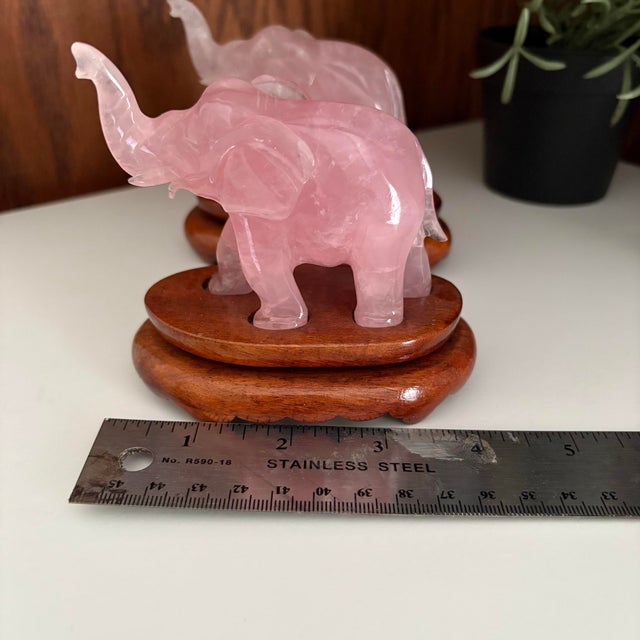 Vintage Rose Quartz Carved Elephants on Stands - A Pair For Sale - Image 4 of 10