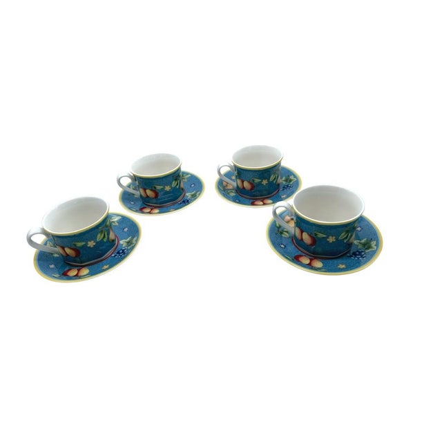 Shabby Chic Late 20th Century Villeroy & Boch Citta Campagna Biella Blue Fruit Pattern Tea Cup/Saucer Set of 4 For Sale - Image 3 of 10