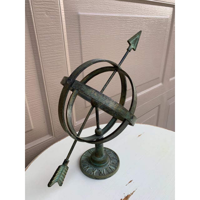 French Country Rustic Verdigris Iron Armillary Sphere on Pedestal – European Garden Accent For Sale - Image 3 of 11