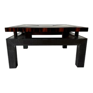 Hollywood Regency Asian - Style Greek Key Bronze and Mahogany Wood Square Coffee Table For Sale