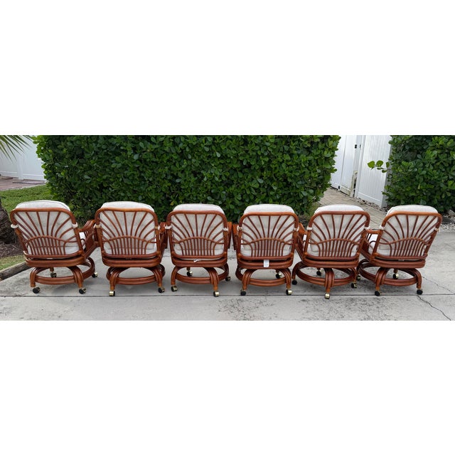 Hollywood Regency Vintage Sunburst Rattan Swivel Armchairs on Casters, Set of 6 For Sale - Image 3 of 18