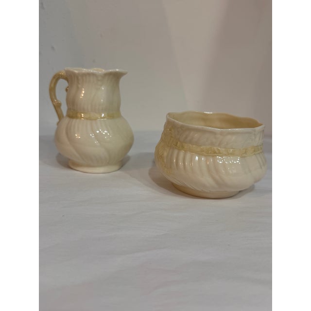 1990s Belleek Ireland Ribbon & Bow Creamer and Sugar Bowl Set | Ivory Porcelain | Art No. 0051 For Sale - Image 9 of 9