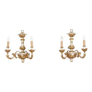 Vintage 20th Century Pair Italian Painted and Parcel Gilt Hand Carved Wooden 2-Light Sconces For Sale