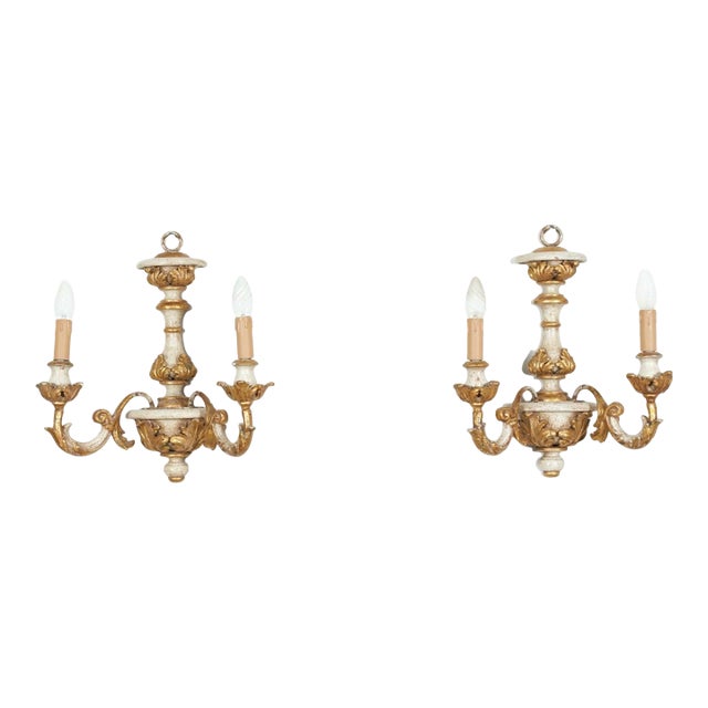 Vintage 20th Century Pair Italian Painted and Parcel Gilt Hand Carved Wooden 2-Light Sconces For Sale