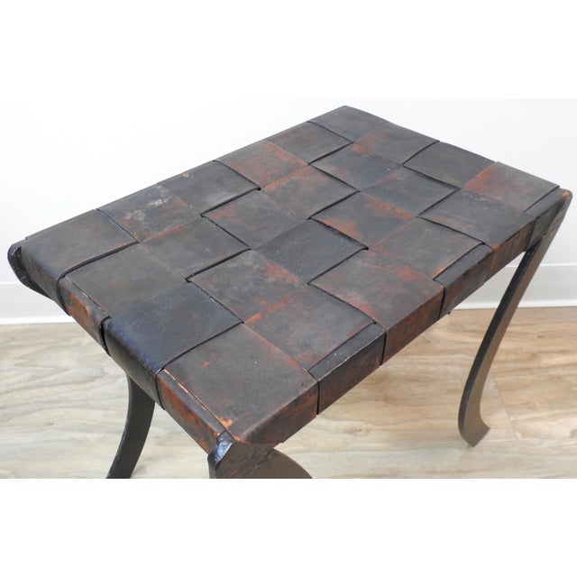 Arts & Crafts Woven Leather Strap Stool With Saber Legs For Sale - Image 3 of 9