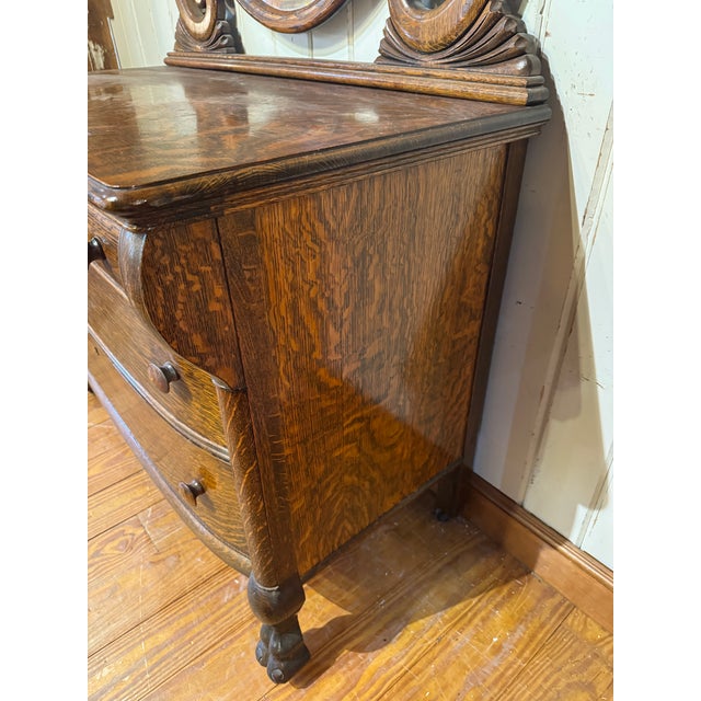 Vintage Tiger Oak Victorian Dresser With Beveled Mirror & Clawfeet. For Sale - Image 11 of 12