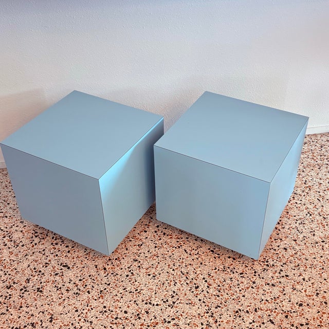 1980s Modernist Laminate Cube Side Tables in Soft Blue - A Pair For Sale - Image 4 of 7