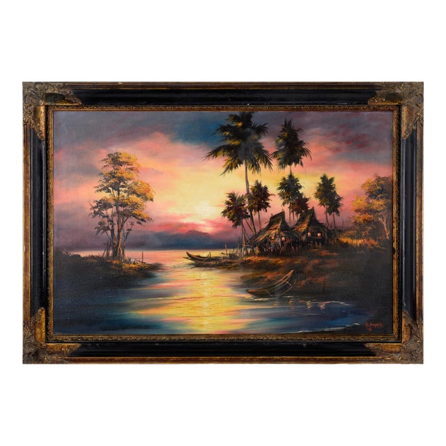 Filipino Fishing Village at Sunset - Tropical Landscape in Oil For Sale