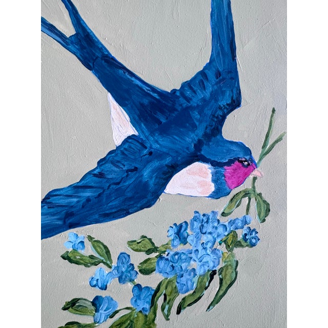 2020s Contemporary “Love Letters in Flight: Floral Courier” by Dorothy Collier - Original Acrylic Painting on Board 12x16” Bird Flying With Flowers Wall Art For Sale - Image 5 of 7