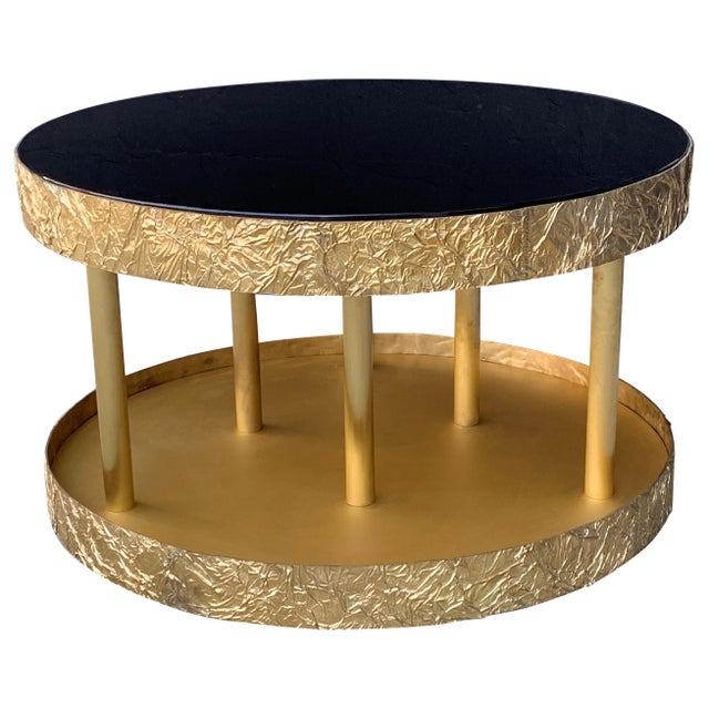 Bronze and Metal Round Center Table with Black Glass and Base with Light For Sale - Image 15 of 18