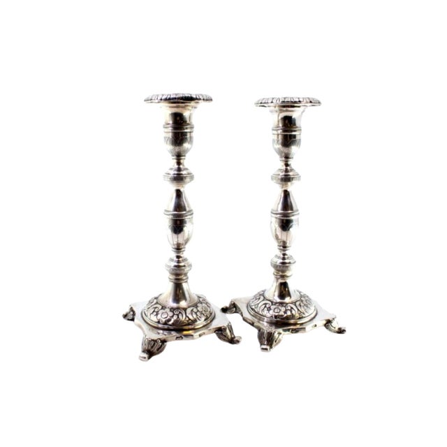 Engraved Silver Candlesticks with Chiseled Floral Motifs and Acanthus Leaf-Shaped Feet, Set of 2 For Sale - Image 10 of 10