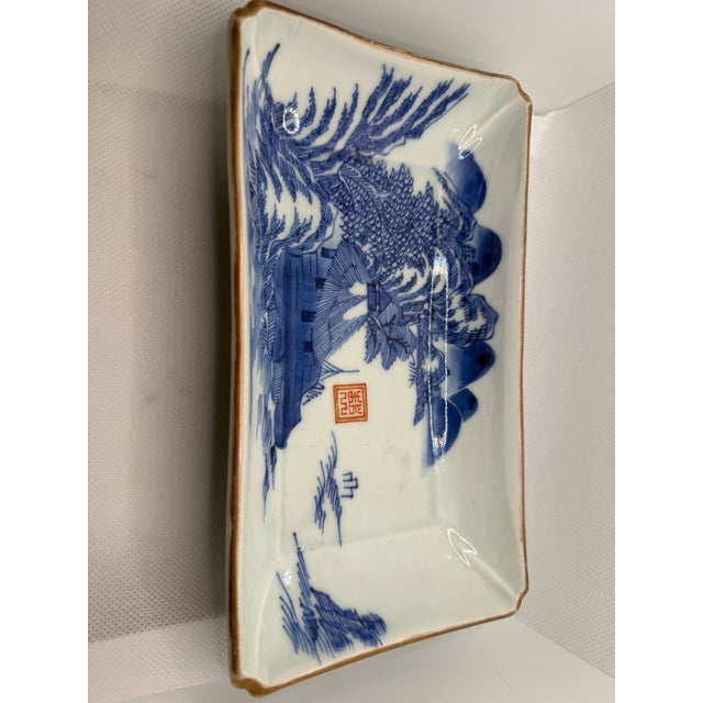 Blue Asian Antique Tray: Rectangular Porcelain Blue White China Landscape Qianlong For Sale - Image 8 of 8