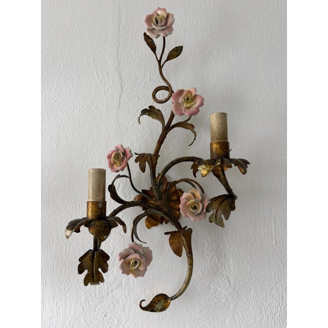 Heavy Wrought Iron Roses Pink Yellow Gilt Italian Sconces, C 1900 For Sale - Image 9 of 9