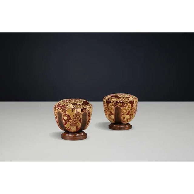 Vintage Italian Art Deco Walnut and Velvet Poufs, 1930s, Set of 4 For Sale - Image 12 of 18
