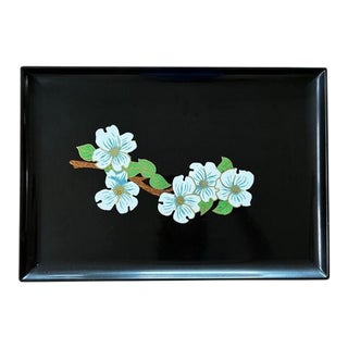 Mid 20th Century Vintage Couroc Company Tray With Blue and White Dogwood Blossoms For Sale