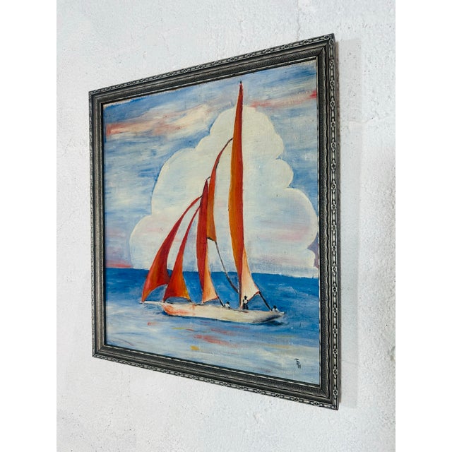 Textile Vintage Oil on Canvas Sailboat Painting For Sale - Image 7 of 8