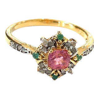 Bochic “Orient” Diamond, Ruby & Emerald Vintage Cluster Ring Set 18k & Silver Size 4.5 For Sale