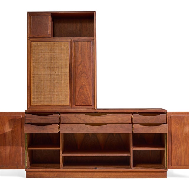 Wood Jack Cartwright for Founders Mid Century Walnut and Cane Credenza and Hutch For Sale - Image 7 of 15