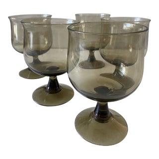 Vintage Handblown Smoke Amber Glass Stemware - Set of 5 For Sale