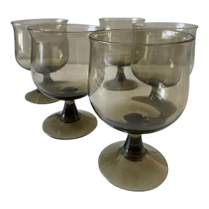 Vintage Handblown Smoke Amber Glass Stemware - Set of 5