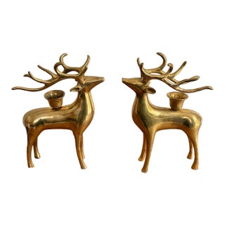 Handsome Solid Brass Reindeer Candlestick Holder Pair For Sale