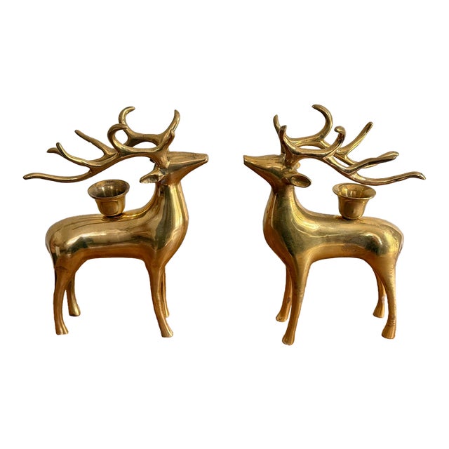 Handsome Solid Brass Reindeer Candlestick Holder Pair For Sale