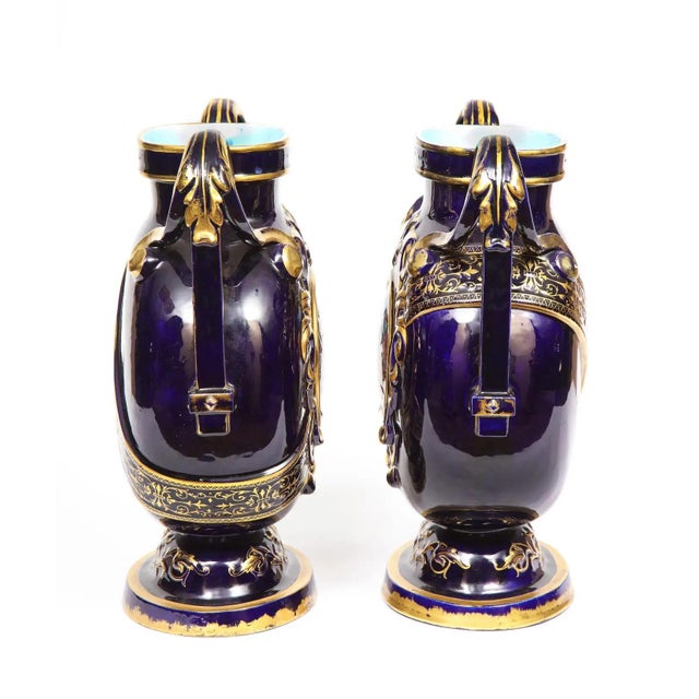 Paint Pair of Late 19th Century Emile Galle Cobalt Blue Porcelain and Limoges Enamel Portrait Vases For Sale - Image 7 of 12