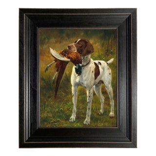 English Pointer With Pheasant Framed 8x10" Oil Painting Print on Canvas, Black Frame For Sale
