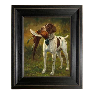 English Pointer With Pheasant Framed 8x10" Oil Painting Print on Canvas, Black Frame