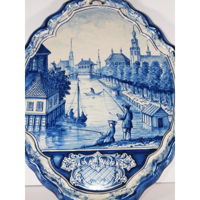 Rustic European Two Antique Dutch Royal Makkum Delft Blue & White Plaques W/ Dutch Fishing Vessels For Sale - Image 3 of 11