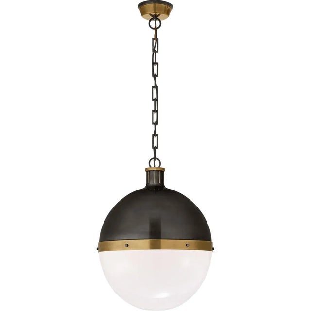 Modern Thomas O'Brien for Visual Comfort Signature Hicks Extra Large Pendant in Bronze & Hand-Rubbed Antique Brass with White Glass For Sale - Image 3 of 4