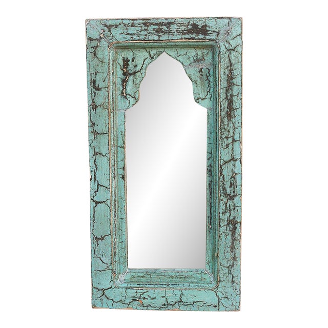 Crackle Aqua Indian Arched Mirror For Sale