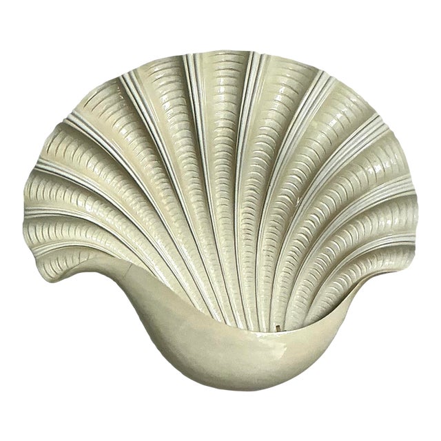 Vintage Coastal Monumental Glazed Ceramic Clamshell Light Sconce For Sale