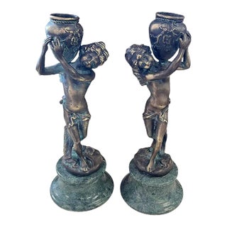 Antique Bronze on Marble Cherub Candlesticks- a Pair For Sale