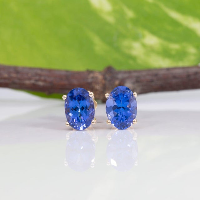 Natural Tanzanite Stud Earrings, Aaa Oval 7x5mm, Solid 14k Gold Studs, Pair For Sale - Image 4 of 8