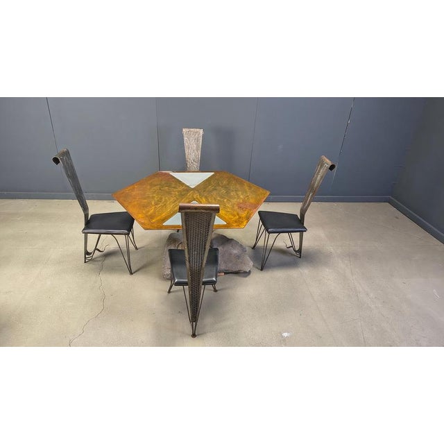 Hand Crafted Steel and Stone Dining Set with Glass, 1970s, Set of 5 For Sale - Image 16 of 18