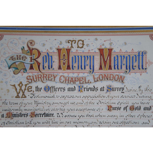 Antique 1879 Illustrated Certificate Rev Henry Margett Surrey Chapel London, Framed For Sale - Image 9 of 11