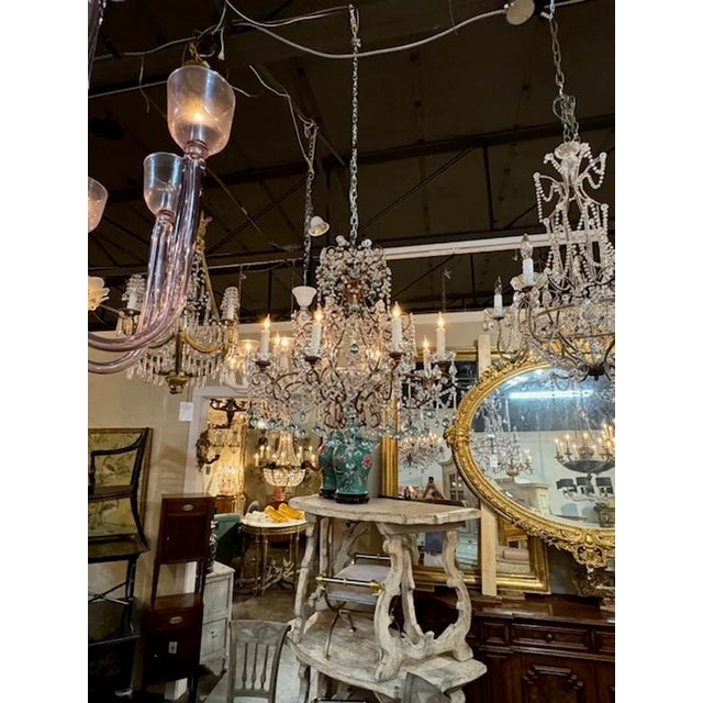 Elegant early 20th century Italian beaded and crystal chandelier with aqua teardrops. A glistening beauty! Circa 1920.This...