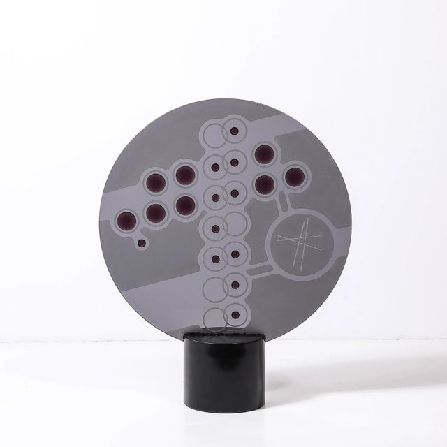 Mid-Century Abstract Smoked Glass Frosted Detailed Disc Sculpture Signed T Saul For Sale - Image 11 of 15