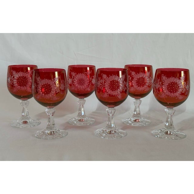 Set of six Bohemian cranberry glass floral etched small goblets. The exterior of the glasses have a subtle golden...