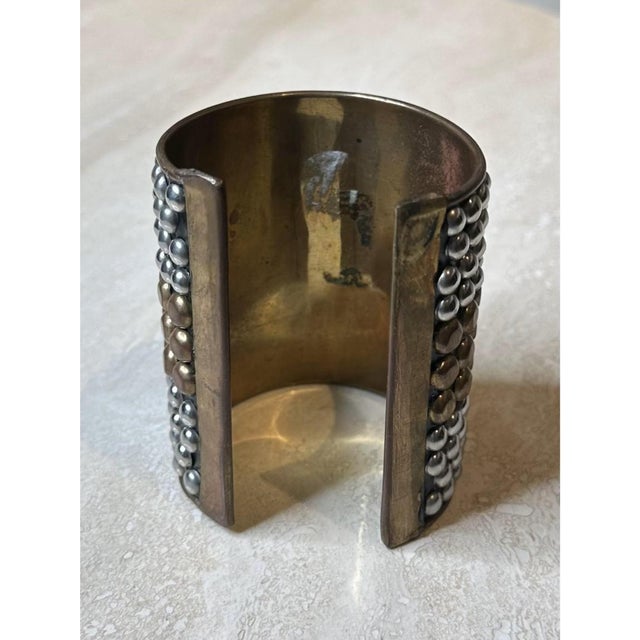 Metal Vintage Boho Studded Silver & Brass Bangle For Sale - Image 7 of 12
