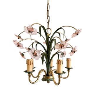 Italian Pink Glass Floral Chandelier with Gilt Tole Leaves from Banci Firenze, 1970s For Sale