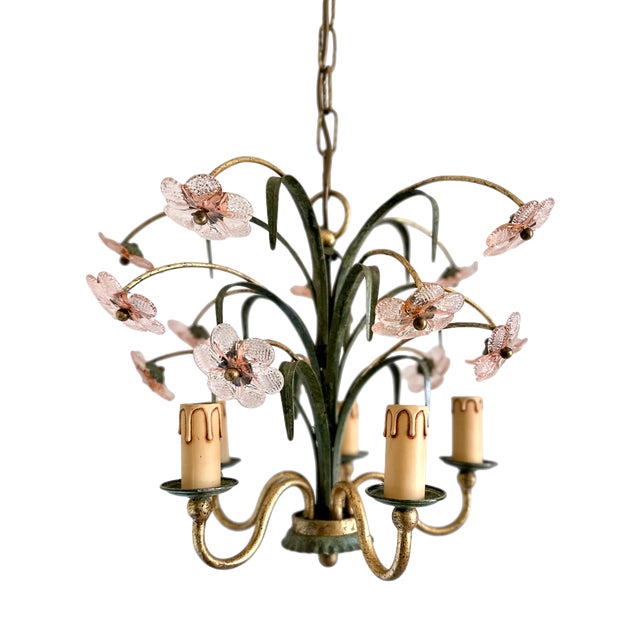 Italian Pink Glass Floral Chandelier with Gilt Tole Leaves from Banci Firenze, 1970s For Sale