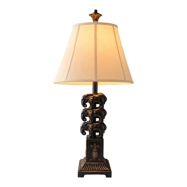 Vintage Elephant Table Lamp, Black & Gold Hollywood Regency, Sculptural Animal Lamp, Tropical Asian-Inspired Decorative Lighting For Sale