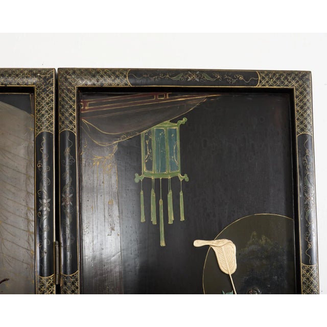 Wood Chinese Export Four Panel Carved Soapstone Coromandel Screen For Sale - Image 7 of 12