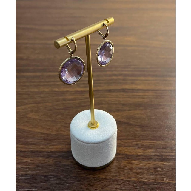 Early 21st Century Violet Pink Amethyst Diamonds Halo Set 14k Yellow Gold Drop Unique Earrings, A Pair For Sale - Image 5 of 13
