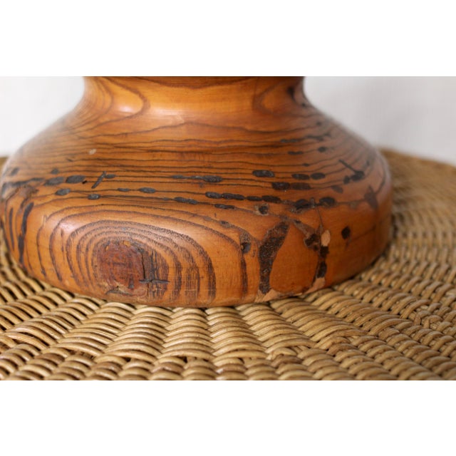 American 1970s Handmade Wooden Lamp With Brown Pleated Shade For Sale - Image 3 of 11